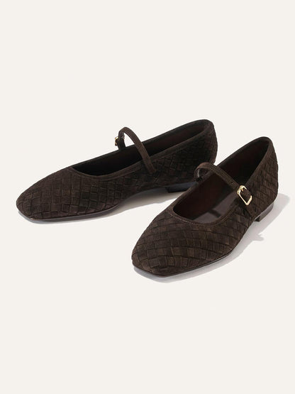 Chocolate Woven Faux Suede Square-Toe Mary Jane Chic Ballet Flats