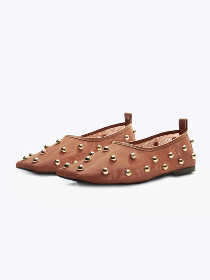 Beige Mesh Square-Toe Full Gold Studs Slip-On Ballet Flats