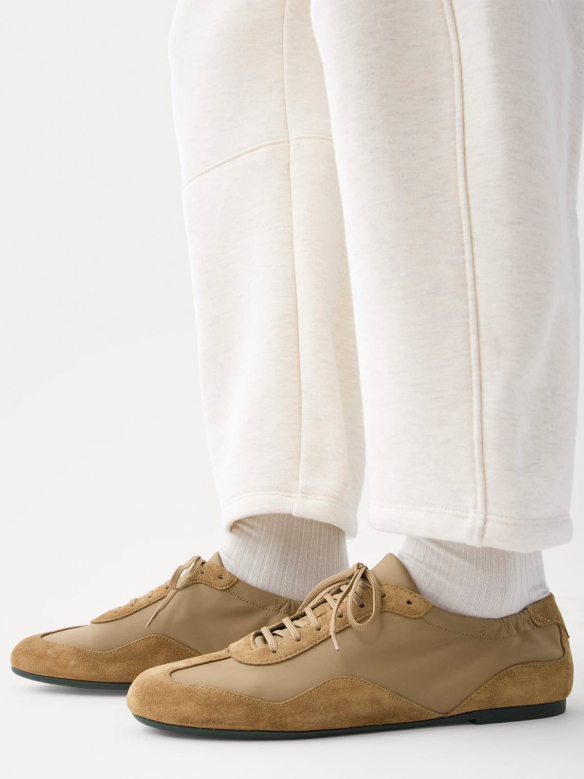 Tan Faux Suede And Cloth Round-Toe Lace-Up Ballet Sneakers