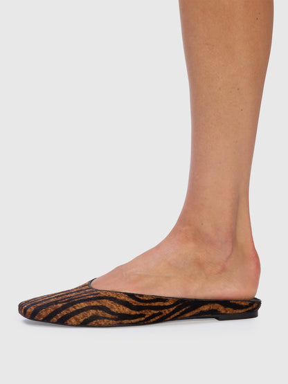 Brown Zebra Pattern Pony Hair Vegan Leather Square-Toe Backless Flats