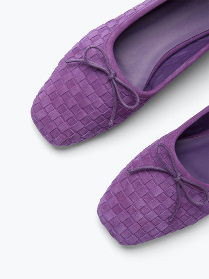 Woven Faux Suede Square-Toe Front Bow Slip-On Ballet Flats - Purple