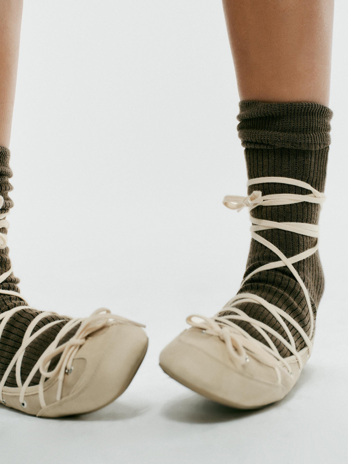 Beige  Round-Toe Front Bow And Lace-Up Sporty Ballet Flats