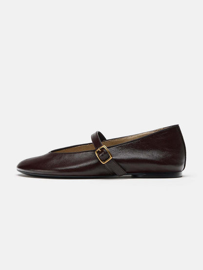Chocolate Round-Toe Buckle Middle Strap Slip-On Ballet Chic Flats