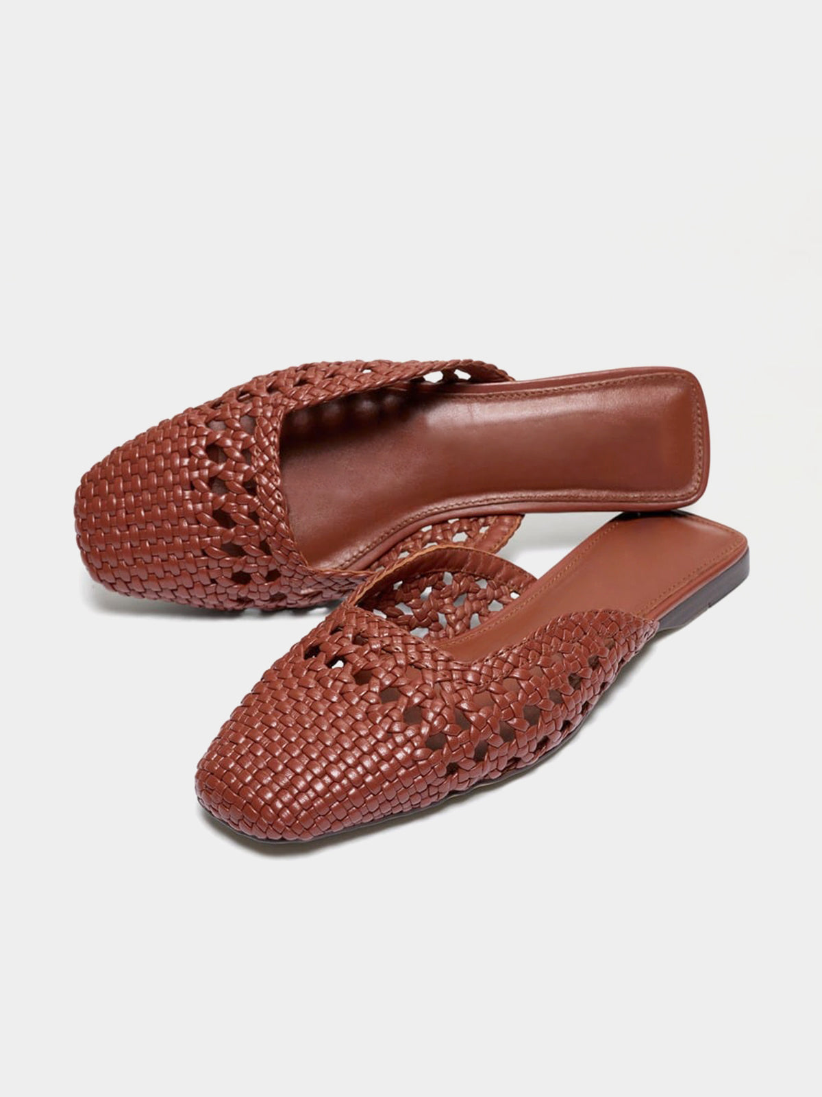 Woven Vegan Leather Square-Toe Cutout Backless Flats - Brown