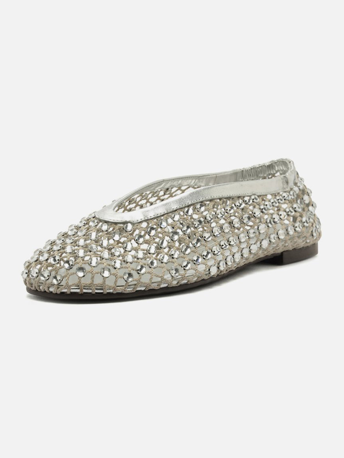 Silver Rhinestone Mesh Round-Toe Slip-On Ballet Flats