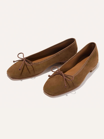Front Bow Square-Toe Slip-On Chic Ballet Flats - Dark Tan Faux Suede