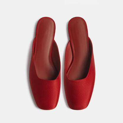 Slip-On Square-Toe Backless Mules Flats - Red Satin