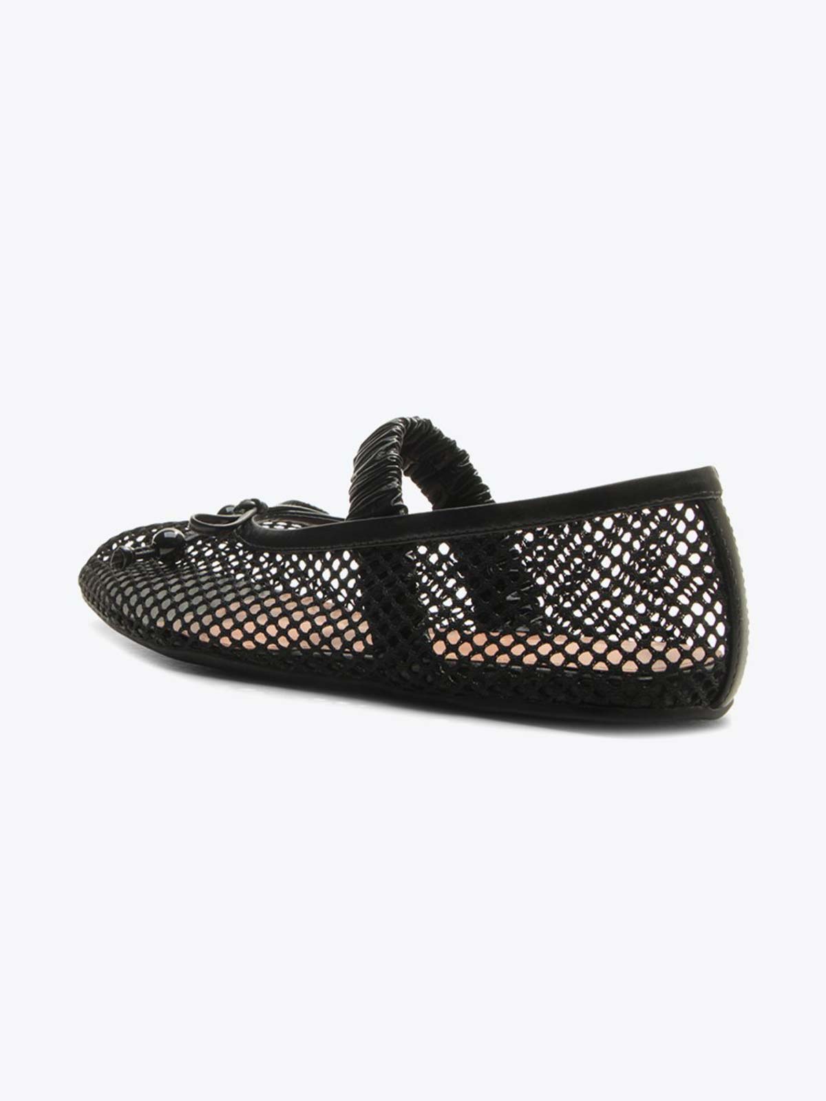 Black Mesh Round-Toe Front Bow And Elastic Mary Jane Ballet Flats