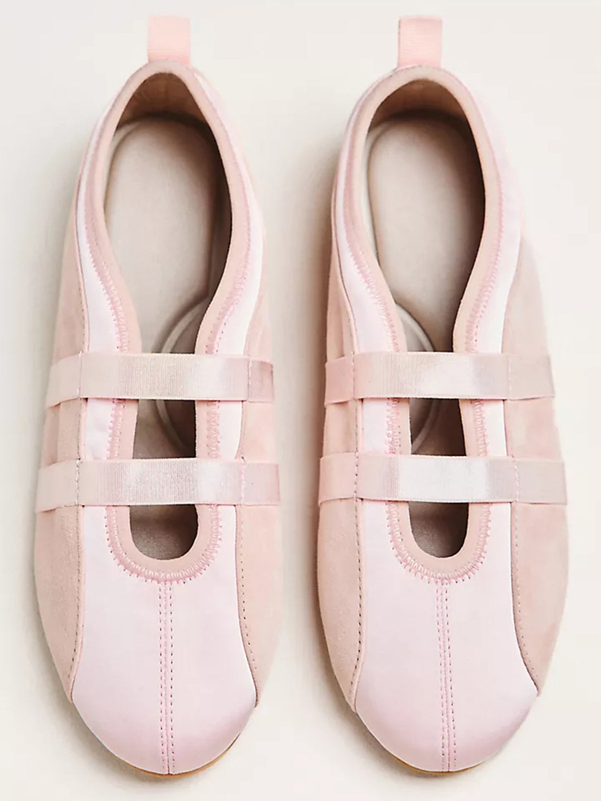 Pink Faux Suede And Satin Round-Toe Double Middle Strap Sporty Ballet Sneakers