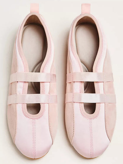 Pink Faux Suede And Satin Round-Toe Double Middle Strap Sporty Ballet Sneakers