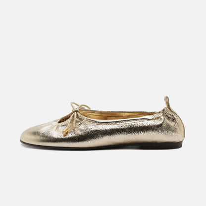 Metallic Gold Round-Toe Front Strap Fashion Slip-On Ballet Flats