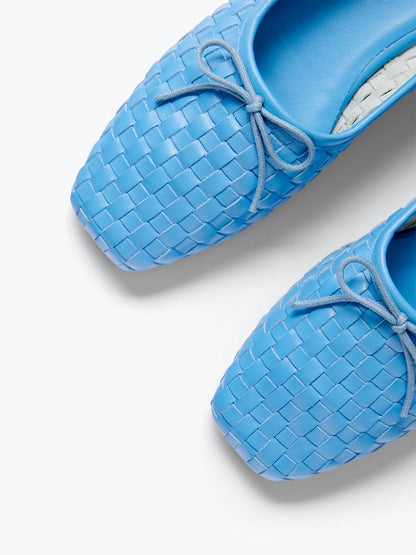 Woven Vegan Leather Square-Toe Front Bow Slip-On Ballet Flats - Blue
