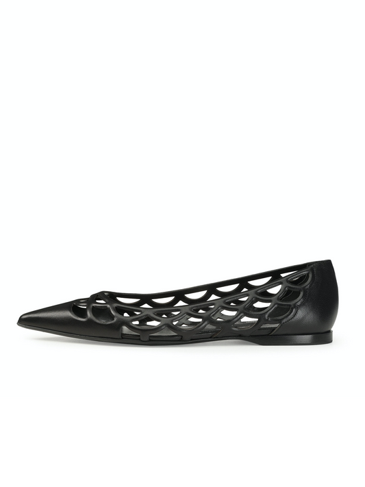 Black Boho Hollow-Out Pointed-Toe Ballet Flats