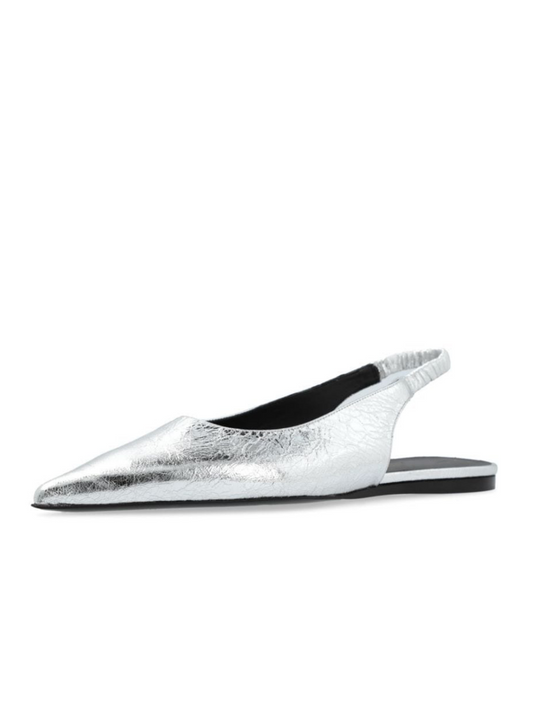 Metallic Silver Crinkle Pointed-Toe Ballet Flats Slingbacks