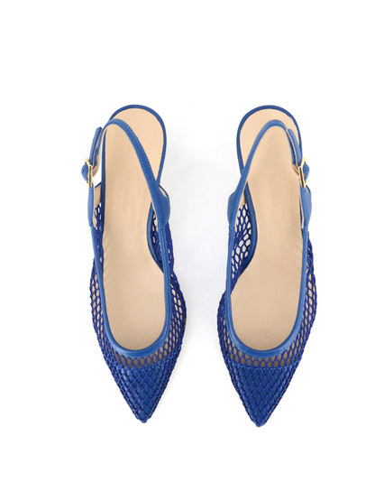 Cerulean Blue Pointy Kitten Heels Slingback Pumps in Fishnet & Vegan Leather