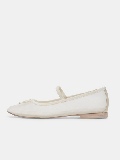 Bow Round-Toe Ballet Flats Mary Janes in White Mesh