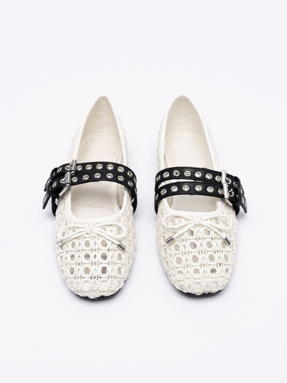 White Raffia Woven Bow Ballet Flats Mary Janes With Grommet Buckled Straps