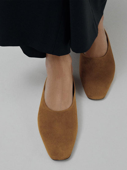 Backless Square-Toe Slip-On Chic Flats - Dark Tan Faux Suede