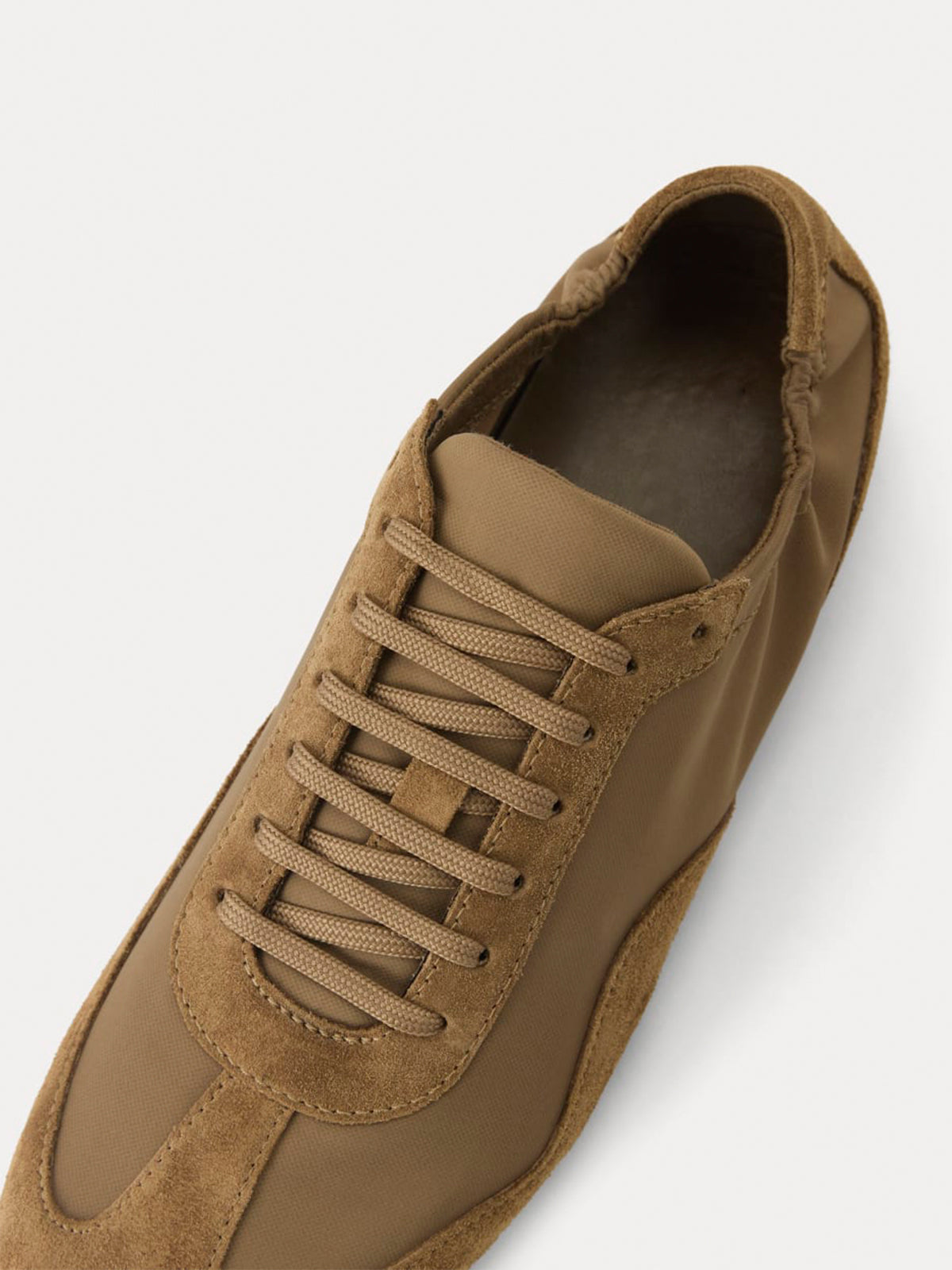 Tan Faux Suede And Cloth Round-Toe Lace-Up Ballet Sneakers