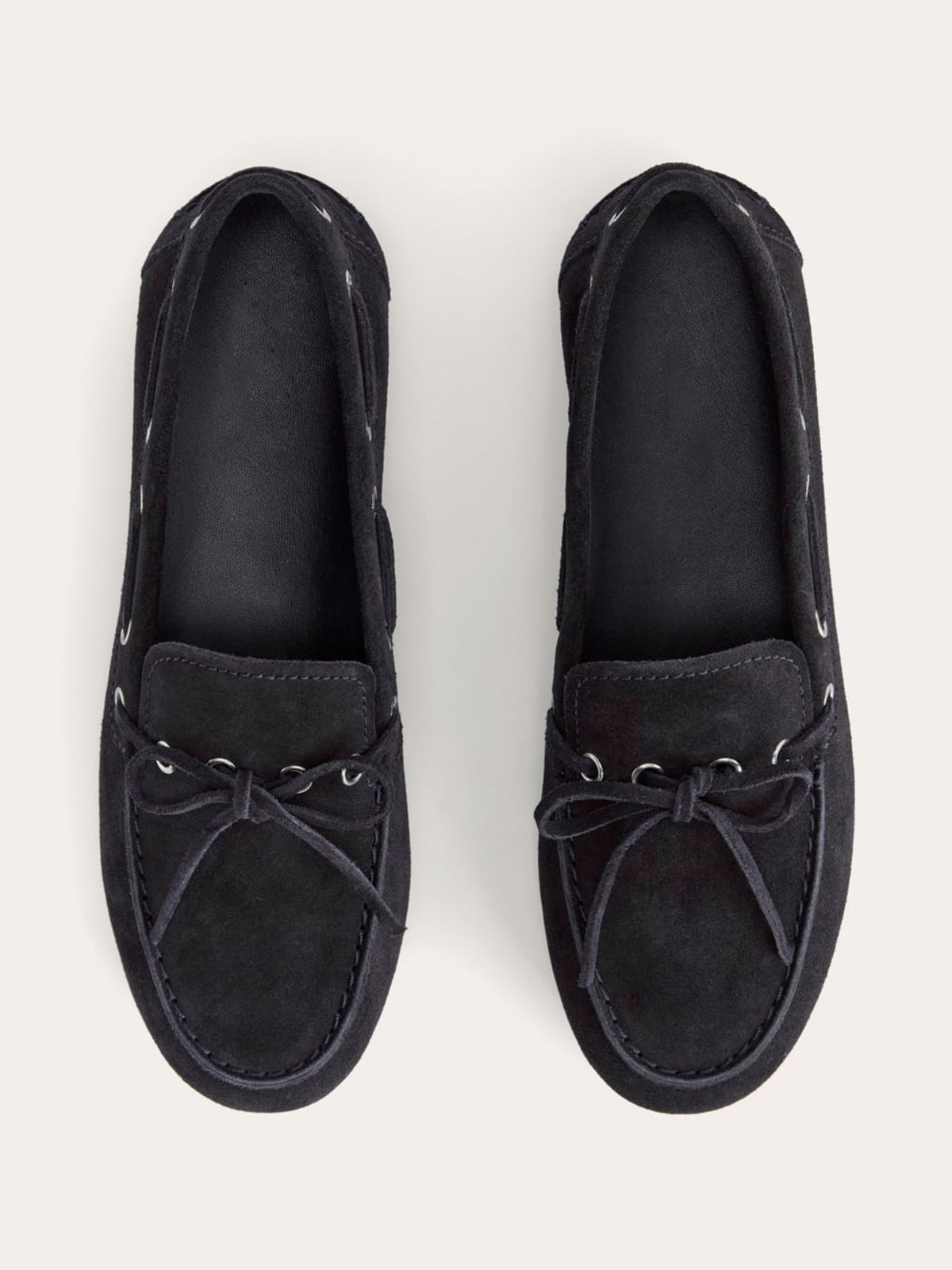 Dark Navy Faux Suede Round-Toe Front Bow And Lace Edge With Eyelets Flats