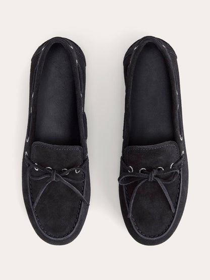 Dark Navy Faux Suede Round-Toe Front Bow And Lace Edge With Eyelets Flats