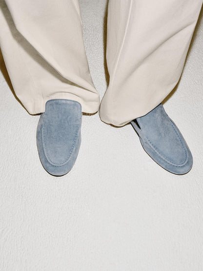 Blue Faux Suede Round-Toe Backless Mules Loafers Flats