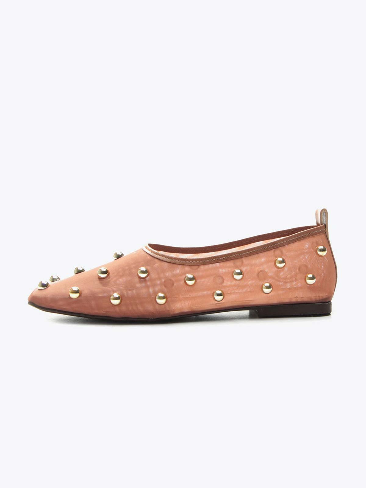 Beige Mesh Square-Toe Full Gold Studs Slip-On Ballet Flats