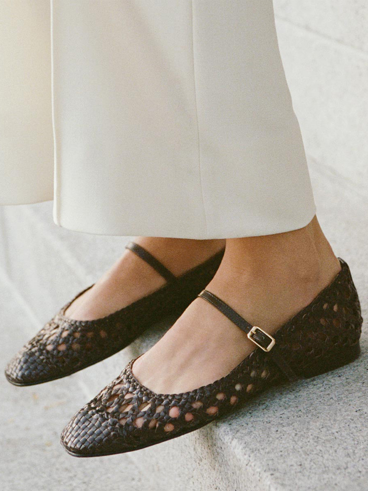 Coffee Woven Vegan Leather Square-Toe Mary Jane Chic Ballet Flats