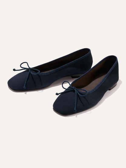 Front Bow Square-Toe Slip-On Chic Ballet Flats - Indigo Faux Suede