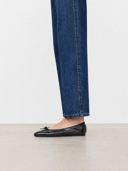 Black Snakeskin Pattern Classic Square-Toe Front Bow Simple Ballet Flats