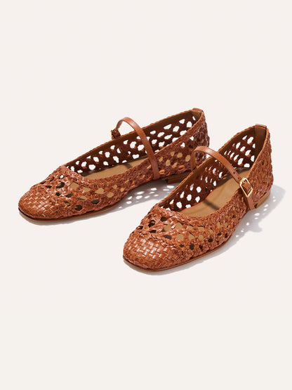 Tan Woven Vegan Leather Square-Toe Mary Jane Chic Ballet Flats