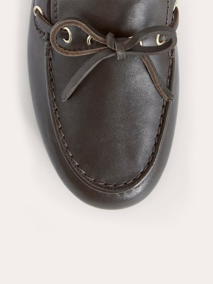 Dark Brown Round-Toe Front Bow And Lace Edge With Eyelets Flats