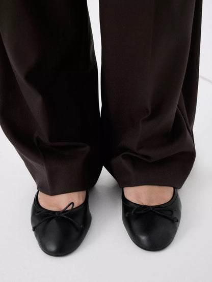 Black Round-Toe Simple Front Bow Slip-On Ballet Flats