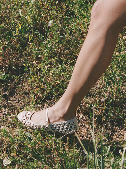 Cream Woven Vegan Leather Square-Toe Mary Jane Chic Ballet Flats