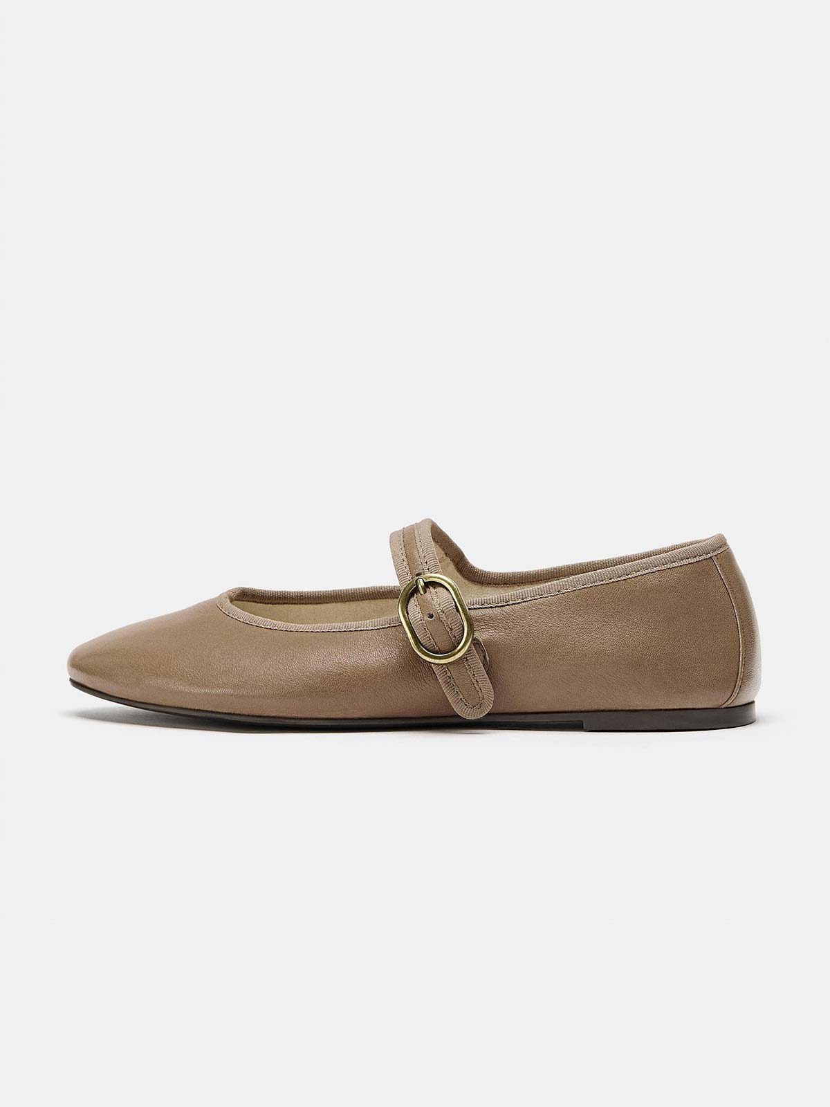 Taupe Round-Toe Buckle Middle Strap Slip-On Ballet Chic Flats