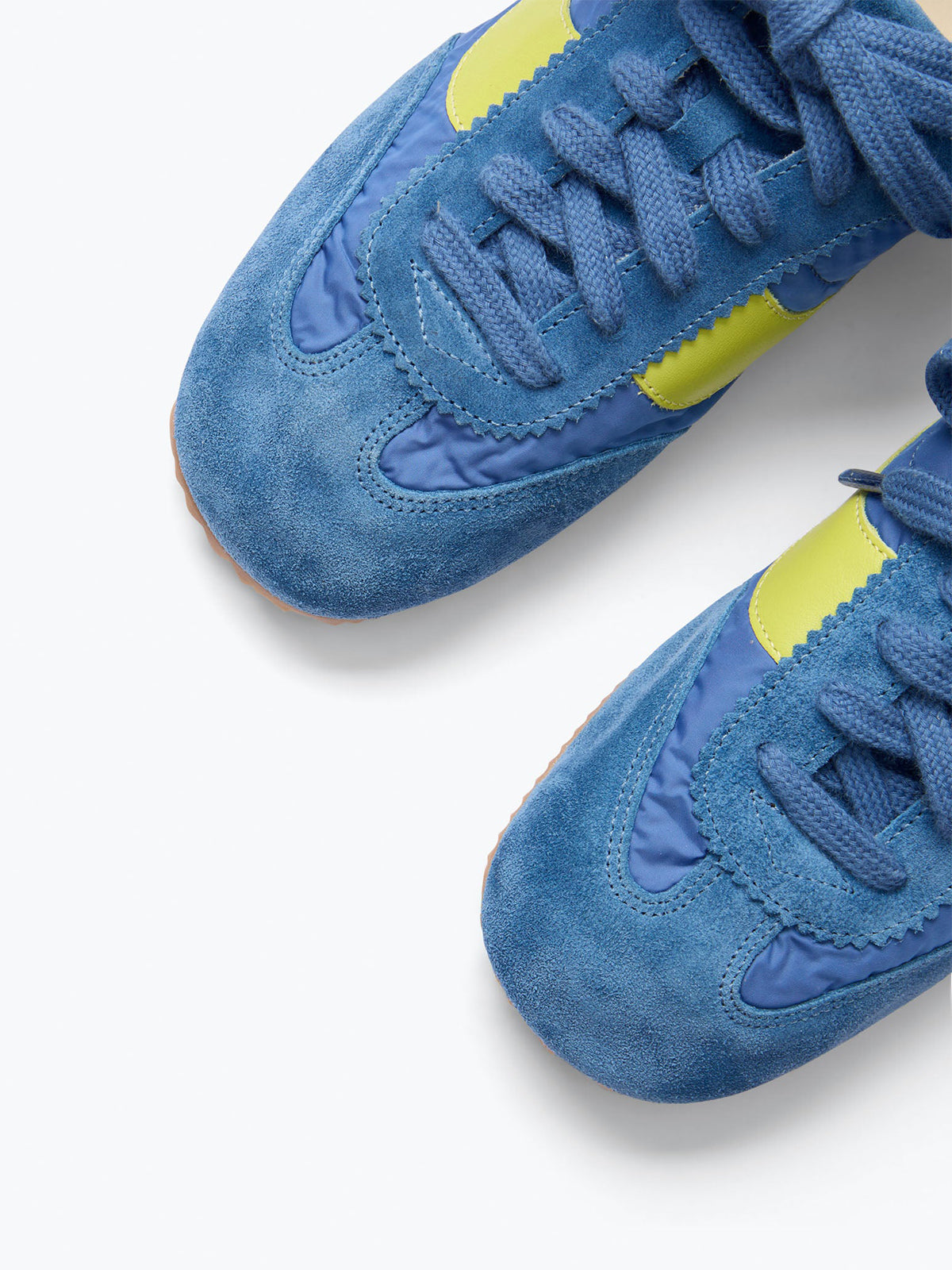 Indigo Cow Suede And Cloth And Cow Leather Square-Toe Lace-Up Sneakers