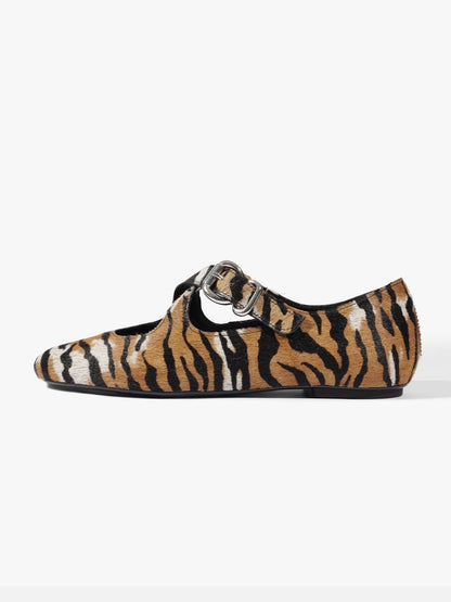 Tiger Pattern Square-Toe Chic Crossed Strap With Buckle Slip-On Flats