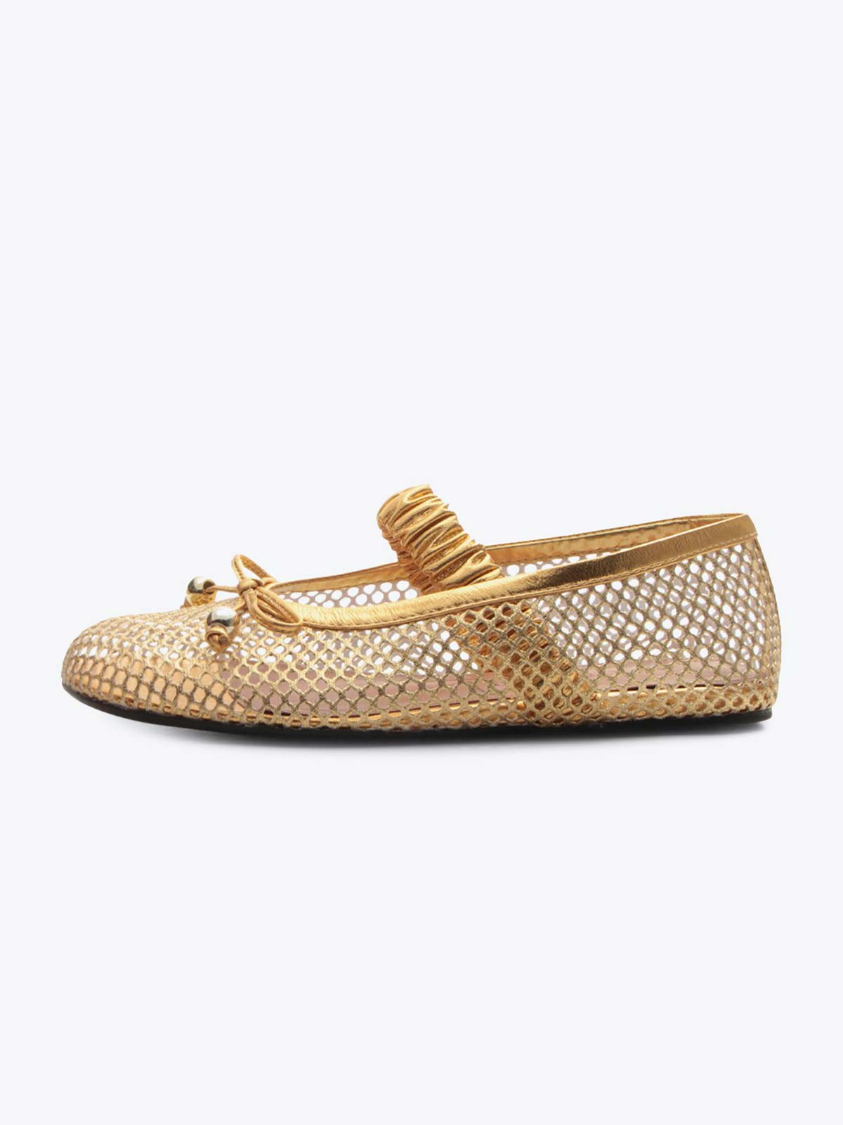 Metallic Gold Mesh Round-Toe Front Bow And Elastic Mary Jane Ballet Flats