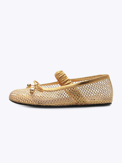 Metallic Gold Mesh Round-Toe Front Bow And Elastic Mary Jane Ballet Flats