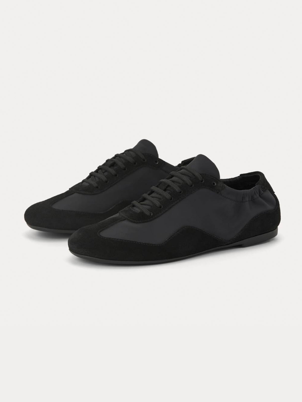 Black Faux Suede And Cloth Round-Toe Lace-Up Ballet Sneakers
