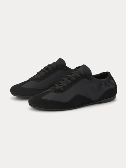 Black Faux Suede And Cloth Round-Toe Lace-Up Ballet Sneakers