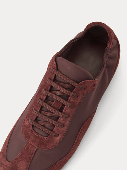 Burgundy Faux Suede And Cloth Round-Toe Lace-Up Ballet Sneakers