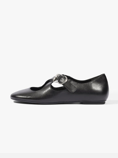 Black Square-Toe Chic Crossed Strap With Buckle Slip-On Flats