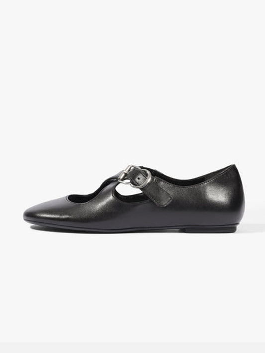 Black Square-Toe Chic Crossed Strap With Buckle Slip-On Flats