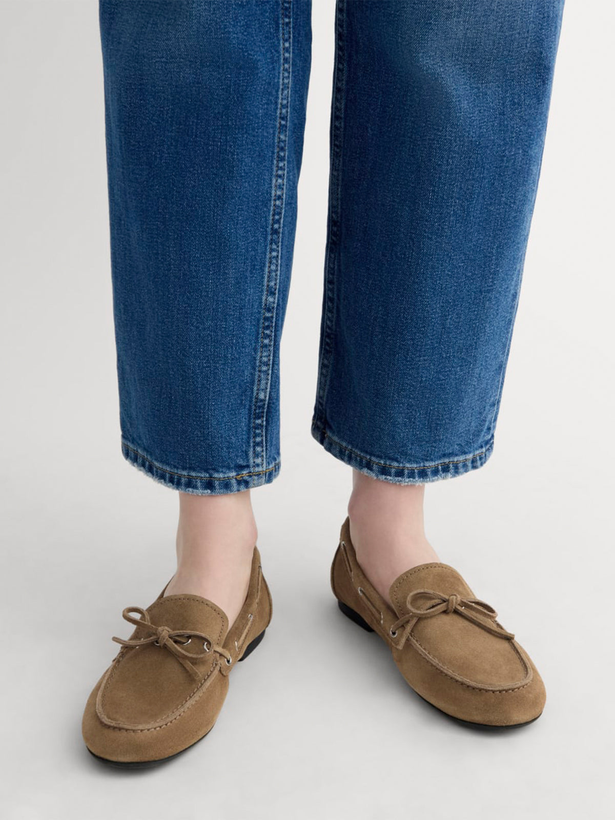 Brown Faux Suede Round-Toe Front Bow And Lace Edge With Eyelets Flats