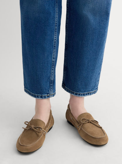 Brown Faux Suede Round-Toe Front Bow And Lace Edge With Eyelets Flats
