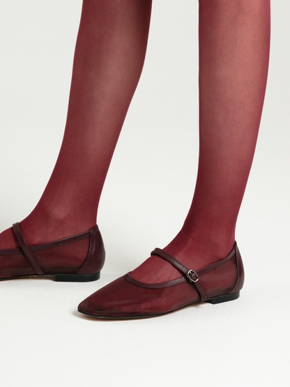 Maroon Mesh Square-Toe Flats Mary Janes With Adjustable Strap