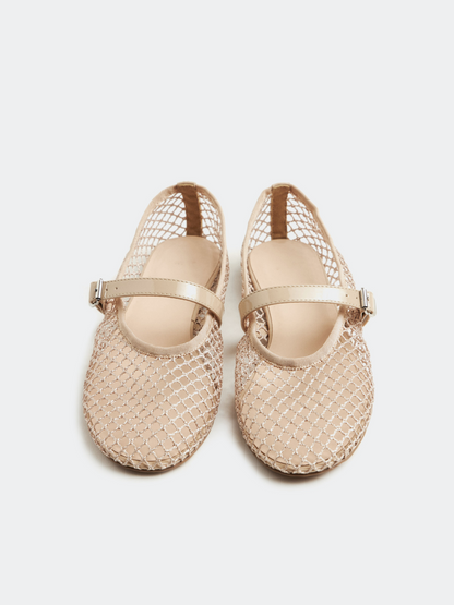 Fishnet Round-Toe Ballet Flats Mary Janes With Buckled Strap In Beige