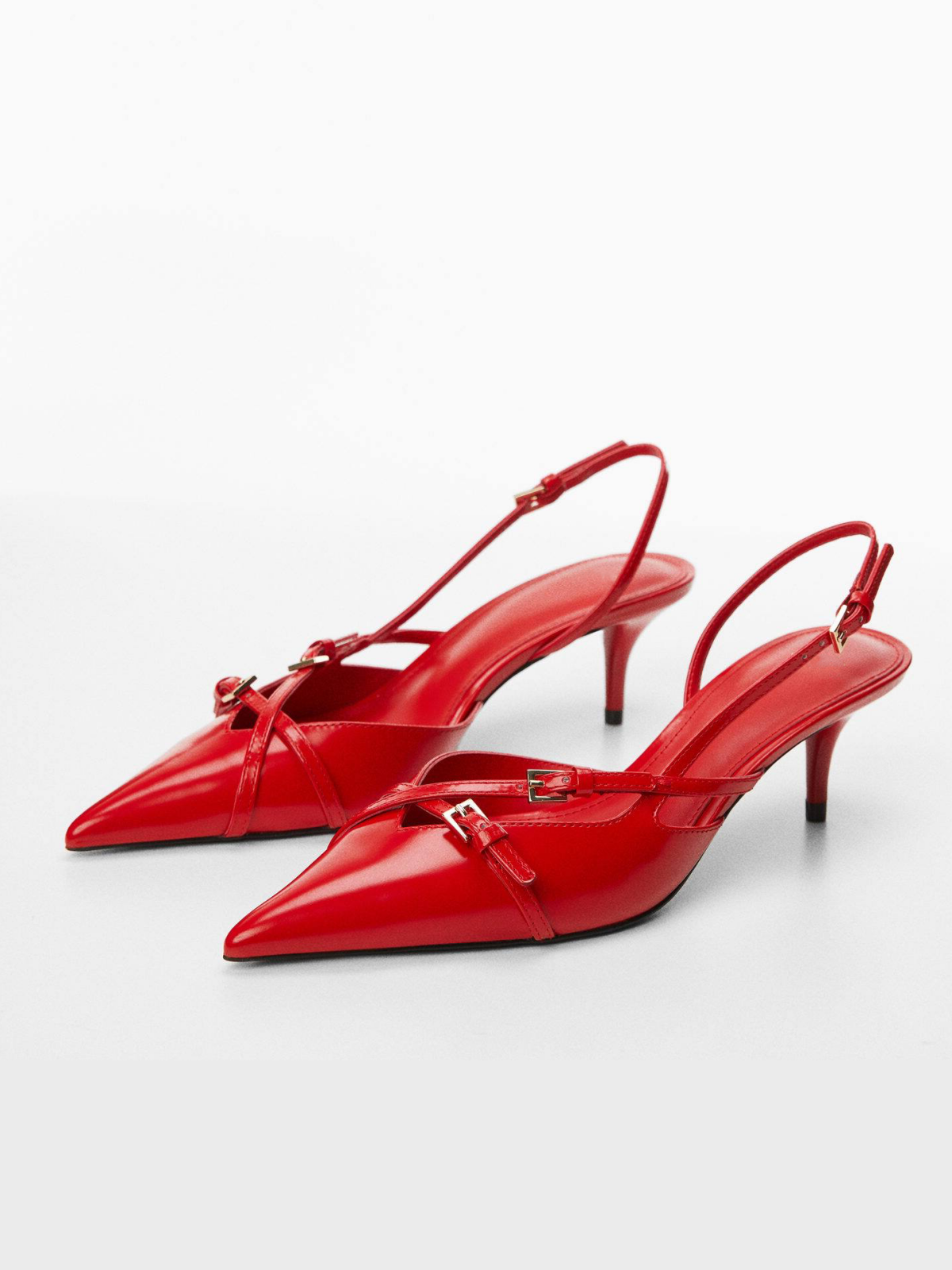 Red Vegan Leather Pointy Kitten Heeled Slingback Shoes With Buckles