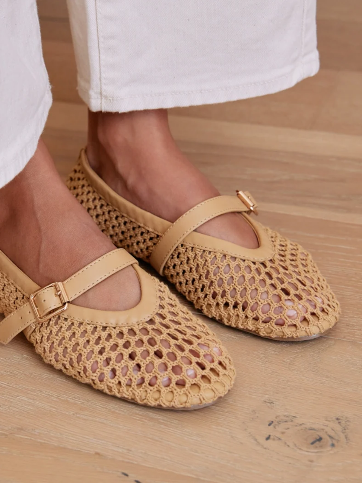 Beige Braided Boho Ballet Flats Round-Toe Mary Janes With Buckled Strap